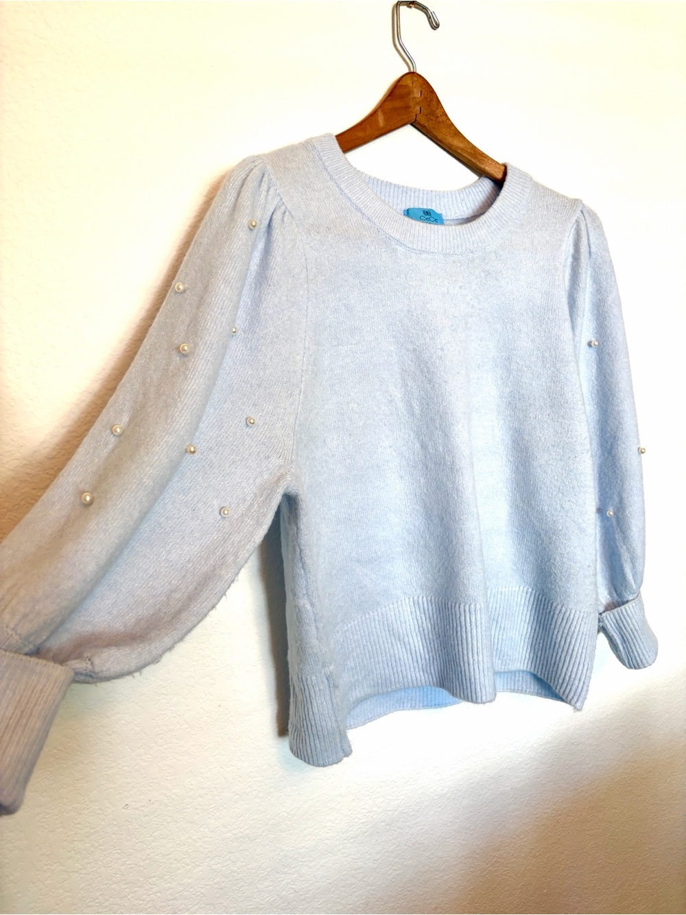 CeCe Light Blue Pearl-Accent Crewneck Sweater